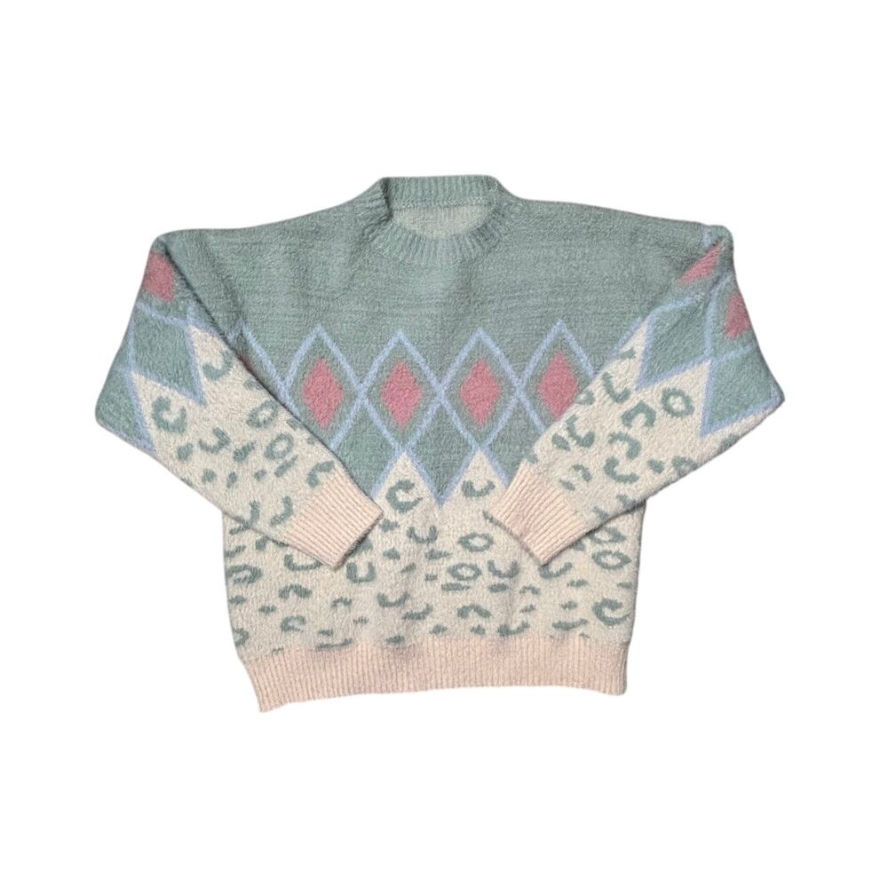 Pastel Argyle Leopard Knit Sweater Soft Girl Y2K Retro